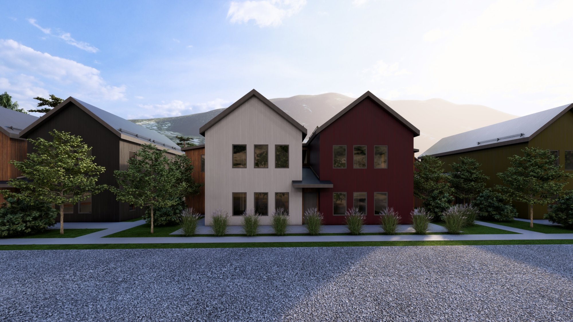 Two-story residential units with gable roofs