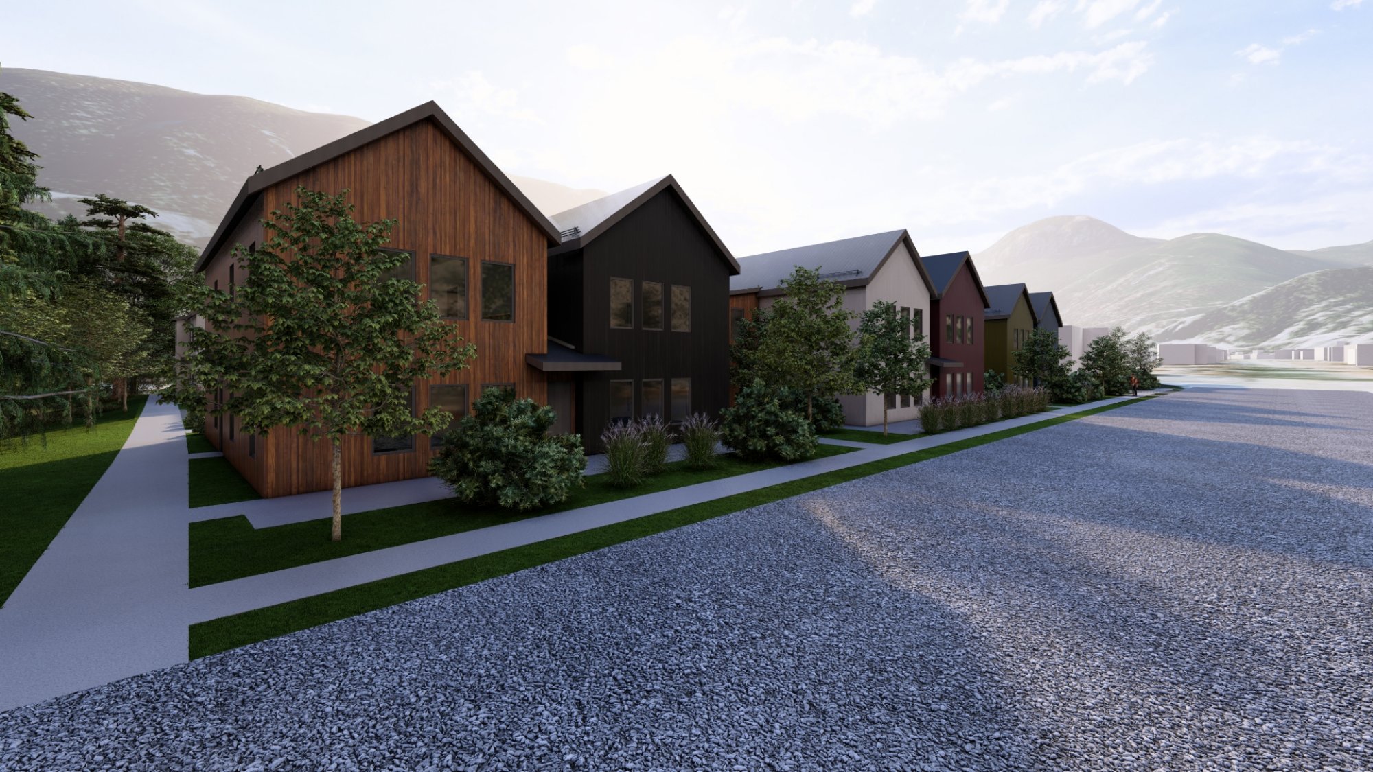 Street-level view of conceptual Lake Fork housing units with mountains in background