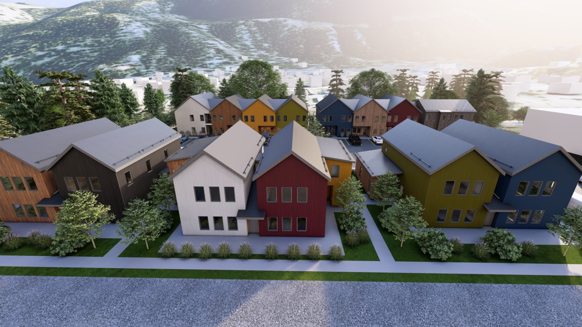 Aerial view of conceptual Lake Fork housing development showing varied facade colors