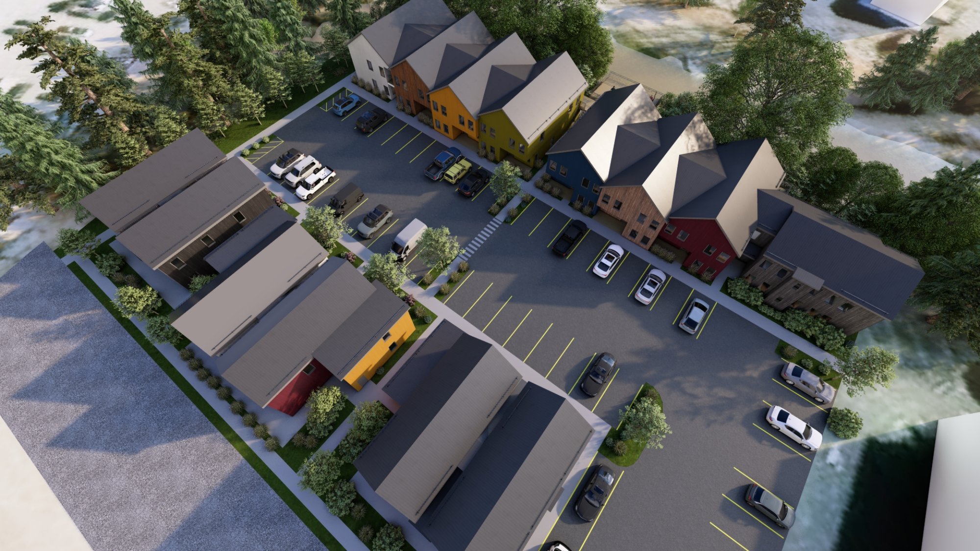 Aerial site plan view showing parking and unit arrangement