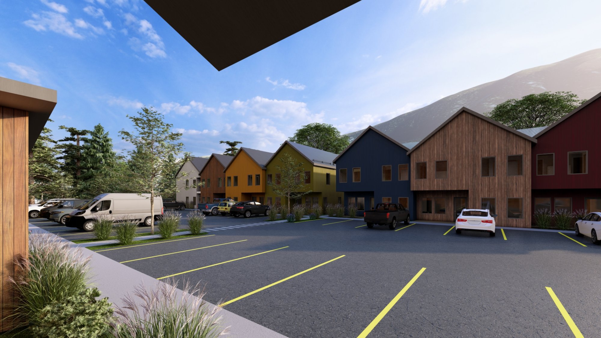 Parking area with mountain backdrop
