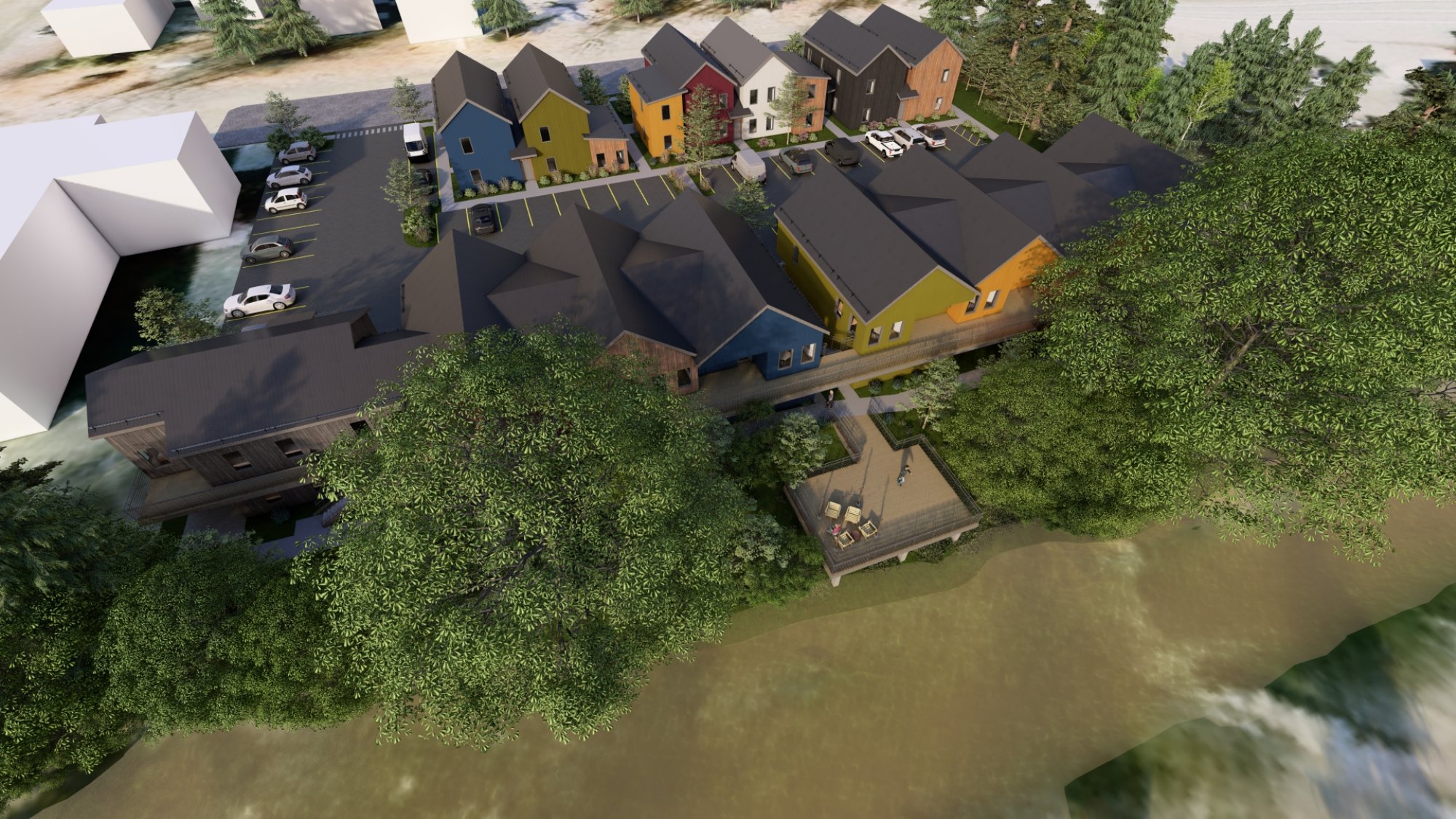 Aerial view showing housing site relative to river corridor and tree cover