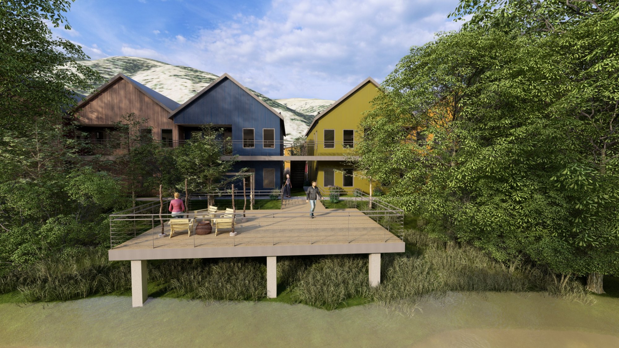 Riverside deck amenity with seating areas