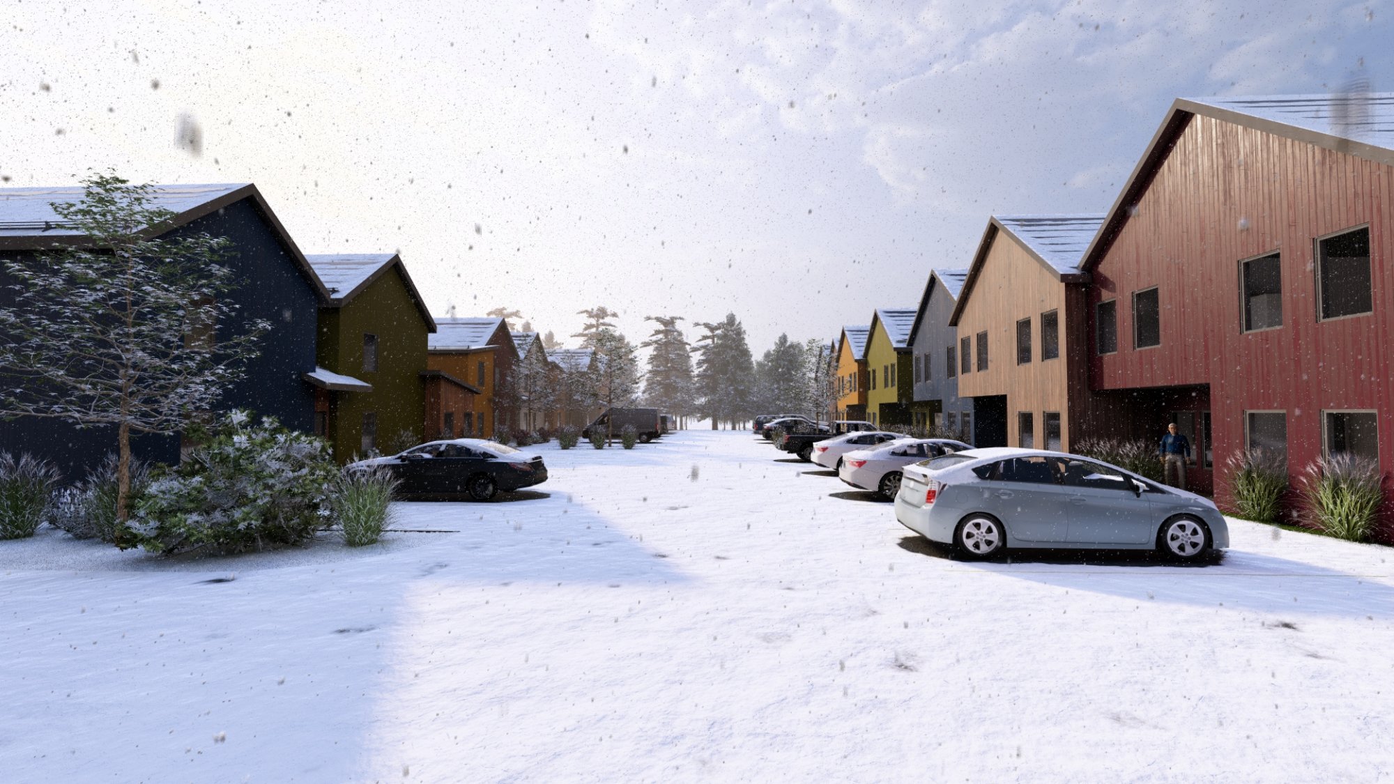 Winter view of residential units in snow